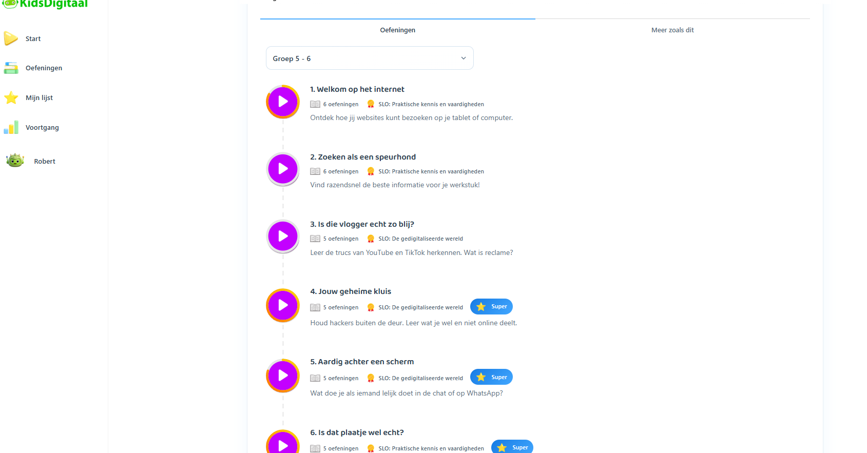 Screenshot van het KidsDigitaal oefenoverzicht met de categorieën nepnieuws, online veiligheid, programmeren en AI